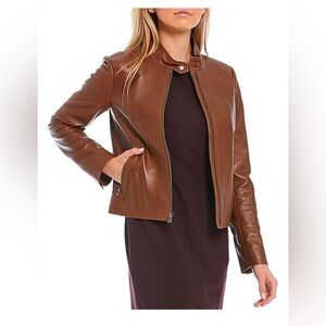 Antonio Melani Luxury Collection Rachel Genuine Leather Stand Collar Moto Jacket